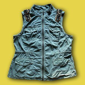 army green cargo vest with wooden beaded shoulder detailing